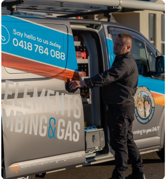 A man in a black uniform opens the side door of a van labeled "Elements Plumbing & Gas." The van displays a phone number and company logo.