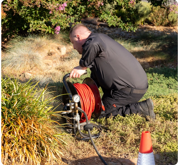 A person kneels on grass, managing a coiled hose with a pressure gauge attached. They are surrounded by shrubs and there is an orange traffic cone nearby. The individual is dressed in a black outfit.