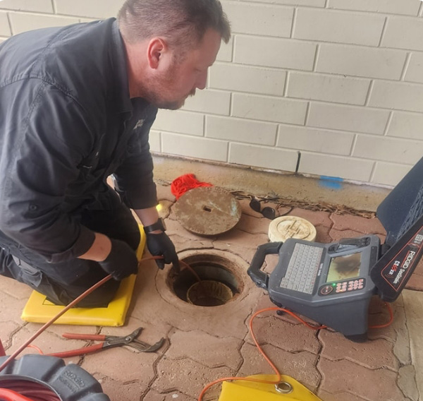 A man in a black outfit and gloves is kneeling on a yellow pad beside a drain hole, using inspection equipment with a monitor. Tools are scattered around on the brick floor, and there's a white brick wall in the background.