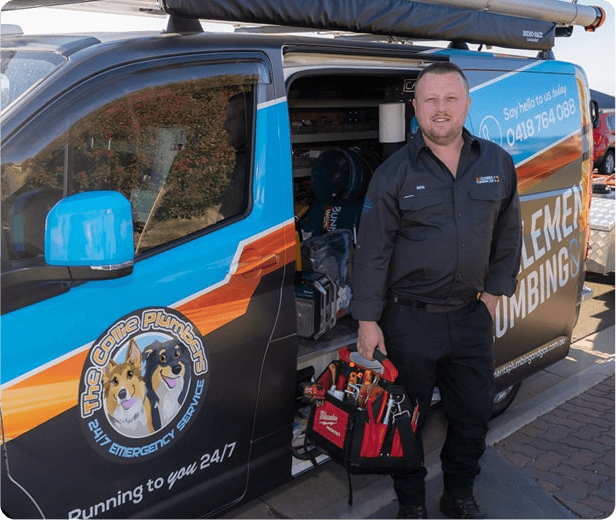 A plumber in a dark uniform stands next to a colorful service van with "The Calile Plumber" logo, holding a red tool bag. The van has contact details and plumbing equipment visible inside.