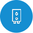Gas Fitting White water heater icon with two dials and three pipes, centered on a blue circular background.