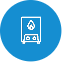 Hot Water White outline icon of a gas boiler with a flame symbol and two control knobs, centered on a solid blue circular background.
