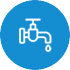 Image 68 White outline of a water faucet with a single droplet falling from it, centered on a blue circular background.