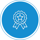 White outline of an award ribbon with a star in the center, displayed on a solid blue circular background with a white border.