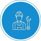White outline of a construction worker wearing a hard hat and overalls next to a wrench, centered on a blue circular background.