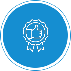 A blue circular icon with a white outline of a ribbon badge featuring a thumbs-up symbol in the center.