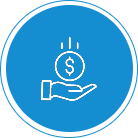 White line drawing of a hand holding a coin with a dollar sign, inside a blue circle. The image suggests saving or receiving money.