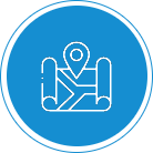 A blue circular icon with a white outline of a map and a location pin on top, symbolizing navigation or location services.