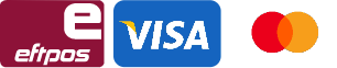 Three payment card logos: Eftpos in maroon and white, Visa in blue and white with a yellow detail, and Mastercard with overlapping red and orange circles on a white background.