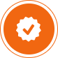 An orange circle with a white checkmark inside a jagged-edged badge, symbolizing verification or approval.