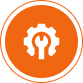 An orange circle with a white border contains a white gear and wrench icon, symbolizing settings, maintenance, or technical support.