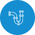 White outline of a curved pipe or plumbing fixture on a blue circular background.