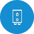 White water heater icon with two water droplet symbols on a blue circular background.