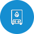 White outline icon of a gas boiler with a flame symbol on a blue circular background.