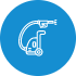 White outline of a vacuum cleaner icon on a blue circular background. The vacuum is depicted with a hose and wheels, suggesting a canister-style design.