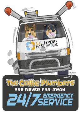 Cartoon of two dogs dressed as plumbers driving a van labeled "ALLELEMENTS PLUMBING & GAS." Text below reads: "The Collie Plumbers are never far away. 24/7 Emergency Service.