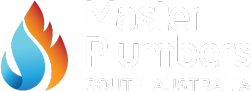 Logo for Master Plumbers South Australia featuring a stylized blue and orange flame graphic to the left of the organization's name in white text on a light background.