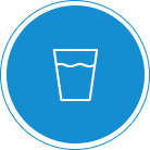 A simple white line drawing of a glass of water, centered on a blue circular background.