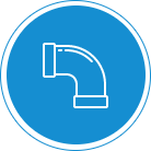 White outline of a pipe elbow fitting inside a blue circle with a white border, representing plumbing or piping.
