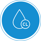 A blue circle with a white outline of a water droplet and a small circle labeled "CL" overlapping the droplet.