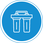 A blue circular icon with a white outline of a dual water filter system, featuring two vertical filter cartridges and a connecting top.
