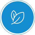 White line drawing of two leaves inside a blue circle, with a white border around the edge.