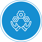 White icon of two hands holding three interlocking gears, set against a blue circular background. The image symbolizes support, teamwork, or collaboration in a technical or mechanical context.