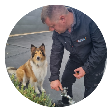 A man in a dark jacket kneels to turn on an outdoor faucet while a brown and white collie dog sits nearby, looking at the camera.